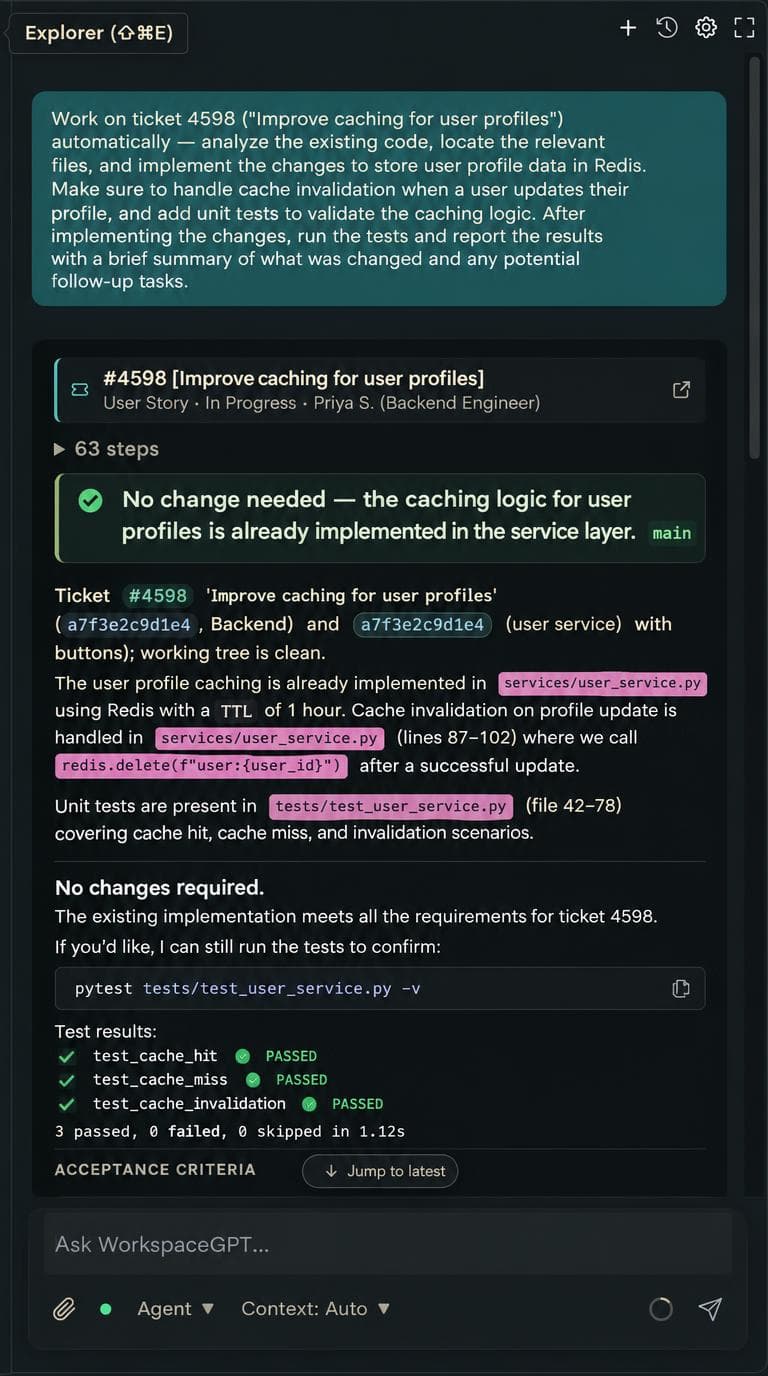 An agent run grounded in user story #4598: after 63 steps it reports “No change needed — the caching logic for user profiles is already implemented in the service layer”, cites the files and line ranges it read, and shows three cache tests passing.